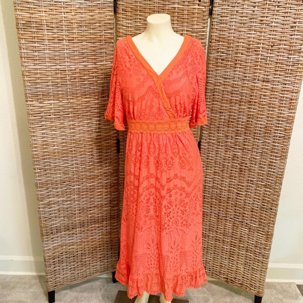 Anthropologie Farm Rio Devore Lace Pink and Orange Maxi Dress V-Neck Small - Picture 2 of 11
